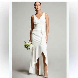 Betsy & Adam White Wrap Ruffle Evening Gown Mermaid Size 10 NWT Bridal